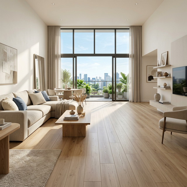 Living moderno e iluminado con piso laminado en dirección a la fuente de la luz para maximizar la amplitud