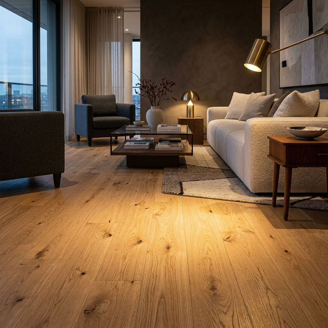 Living moderno con iluminación cálida resaltando piso de madera clara