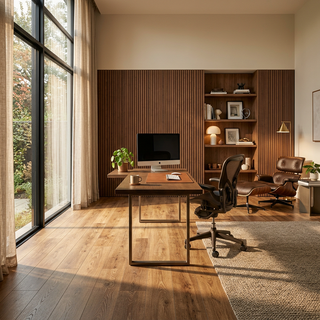 Piso laminado elegante en un moderno home office en casa