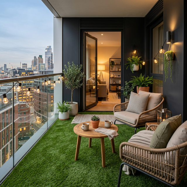 Living amplio y moderno con pasto sintético premium en balcón