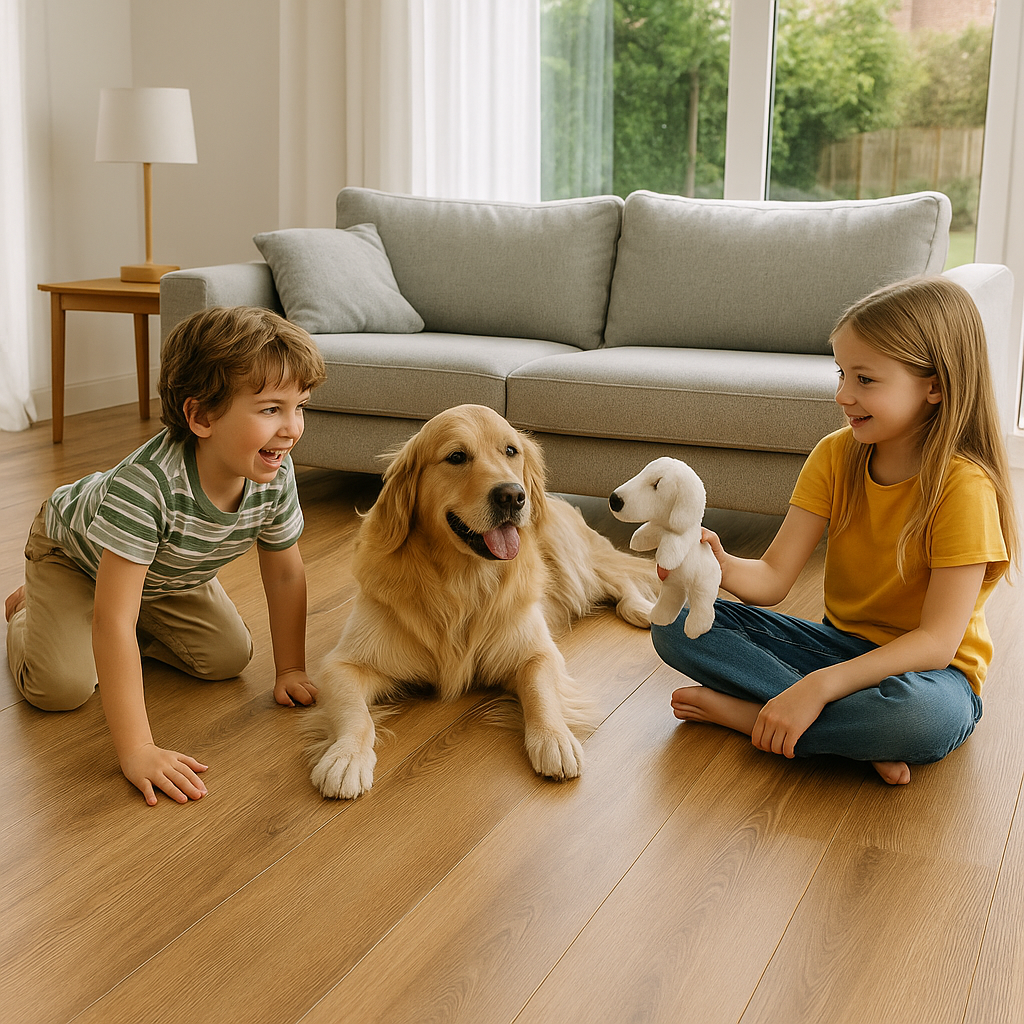 Piso resistente para living familiar con niños y mascotas