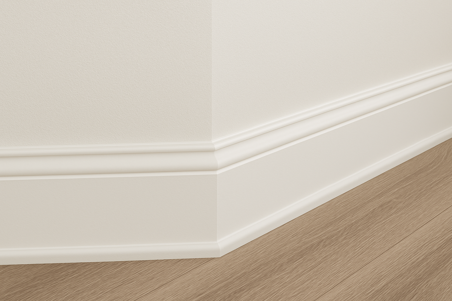 Detalle de molduras de madera instaladas entre muro y piso laminado en un espacio interior