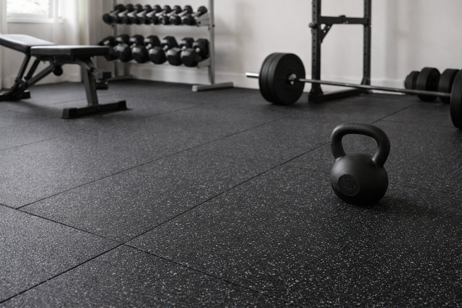 Gimnasio en casa con piso de caucho y equipamiento de entrenamiento