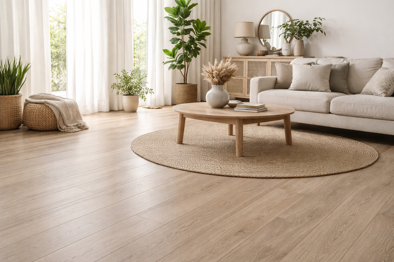 Living luminoso con piso orgánico en tonos cálidos y decoración natural