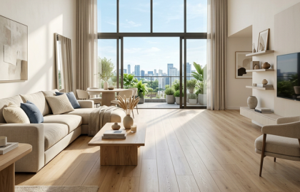 Living moderno e iluminado con piso laminado en dirección a la fuente de la luz para maximizar la amplitud