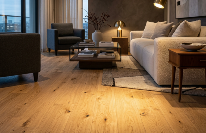 Living moderno con iluminación cálida resaltando piso de madera clara