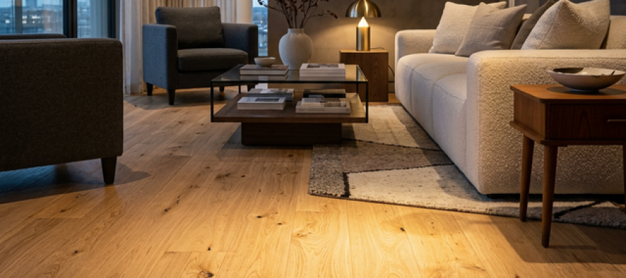 Living moderno con iluminación cálida resaltando piso de madera clara