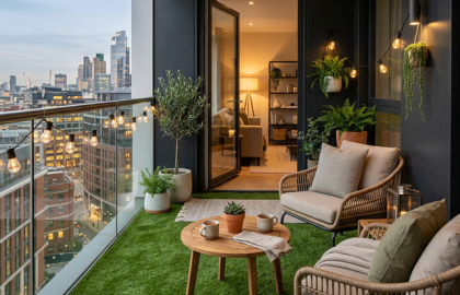 Living amplio y moderno con pasto sintético premium en balcón