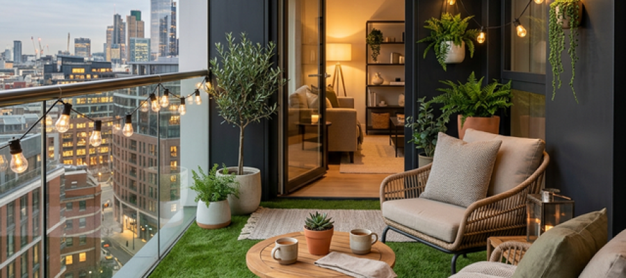 Living amplio y moderno con pasto sintético premium en balcón