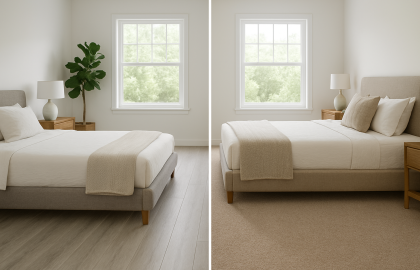 Dormitorio comparativo con piso laminado en un ambiente y alfombra en otro, mostrando dos estilos de diseño interior