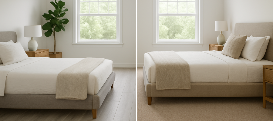 Dormitorio comparativo con piso laminado en un ambiente y alfombra en otro, mostrando dos estilos de diseño interior