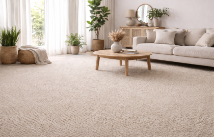 Living moderno con alfombra muro a muro en tonos neutros y decoración minimalista