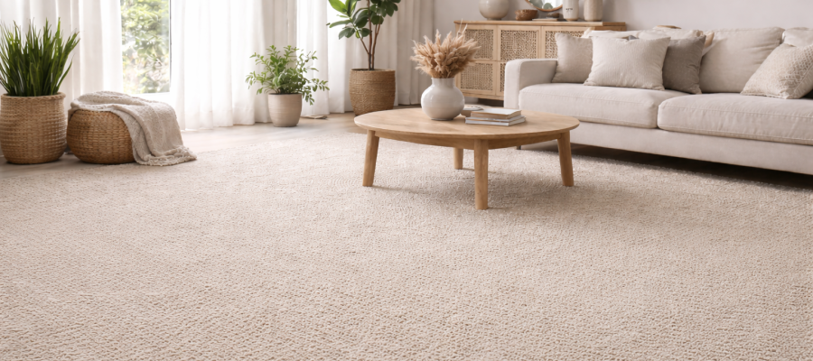 Living moderno con alfombra muro a muro en tonos neutros y decoración minimalista