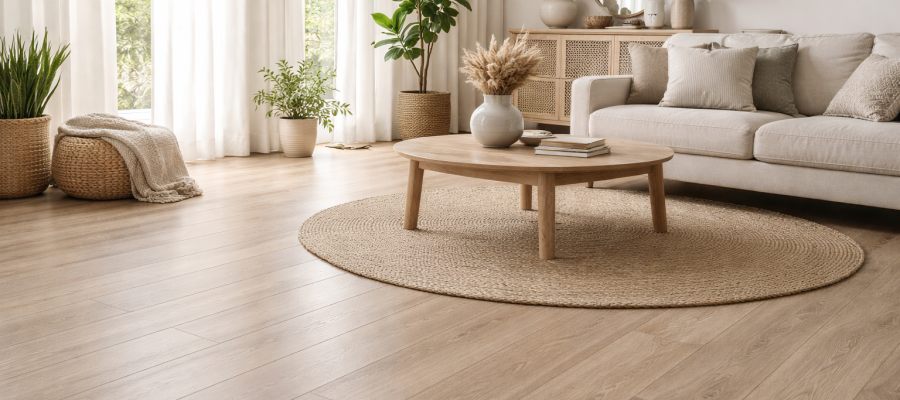 Living luminoso con piso orgánico en tonos cálidos y decoración natural